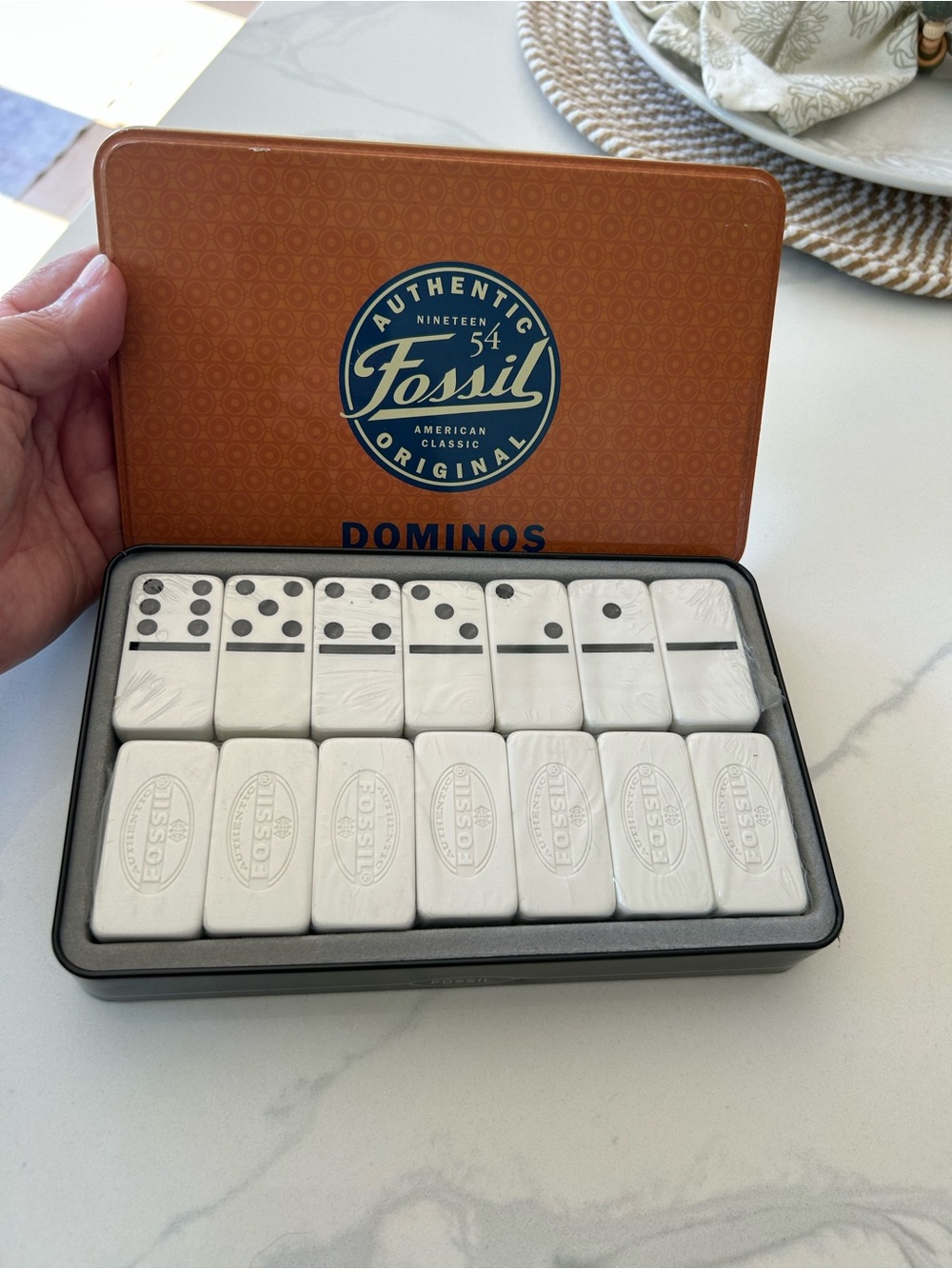 Fossil White Domino Set in Tin Case. Sealed